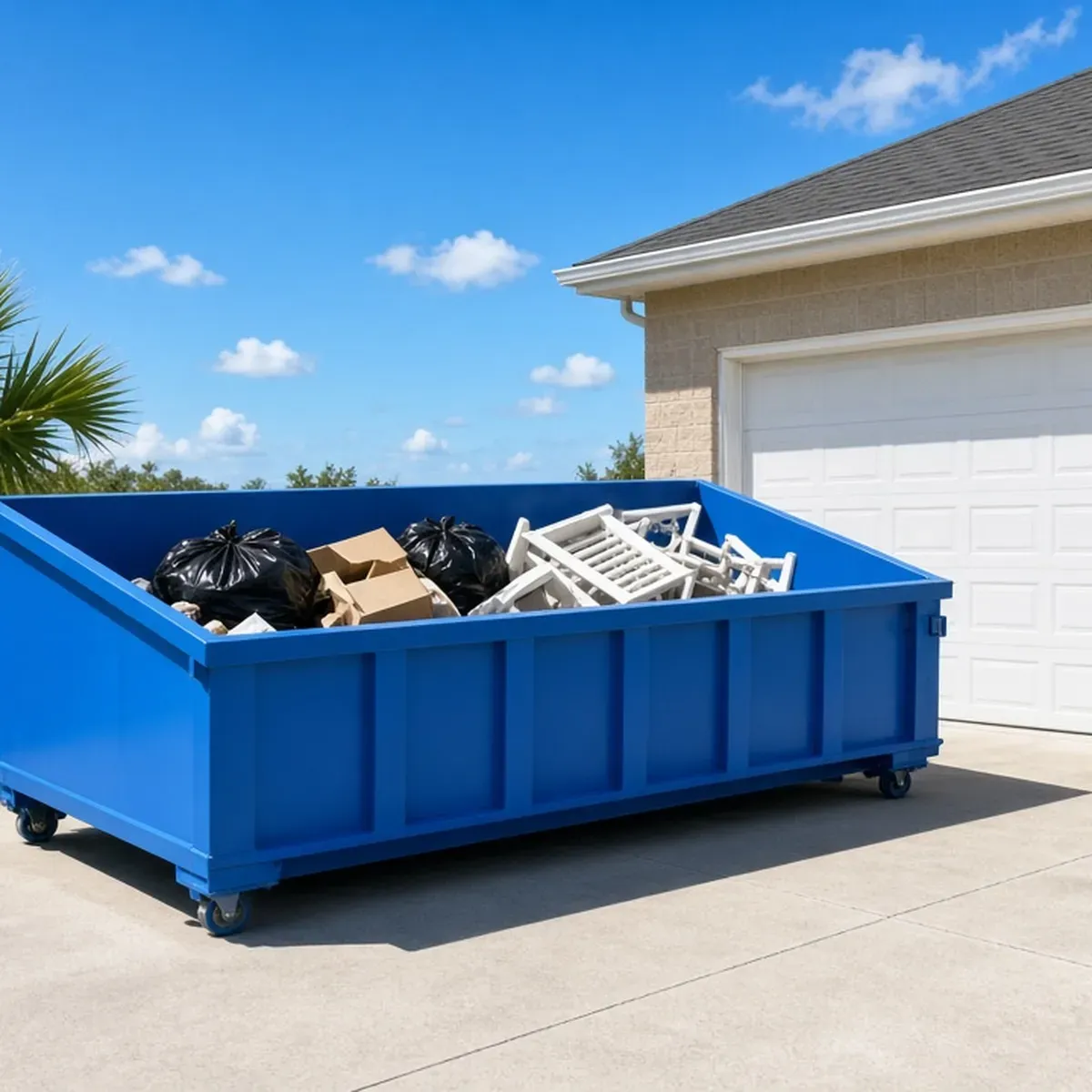 Short low-walled blue dumpster on a driveway beside a garage, holding trash bags, boxes and a white chair