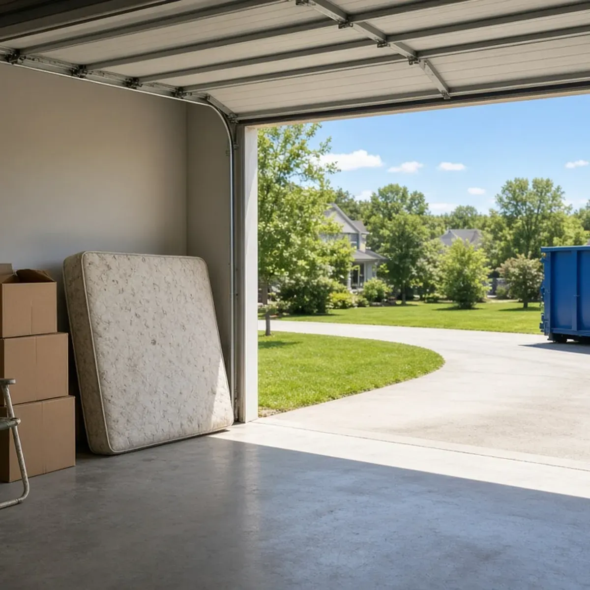 Garage with boxes and an old mattress leaning against the wall and a dumpster down the driveway