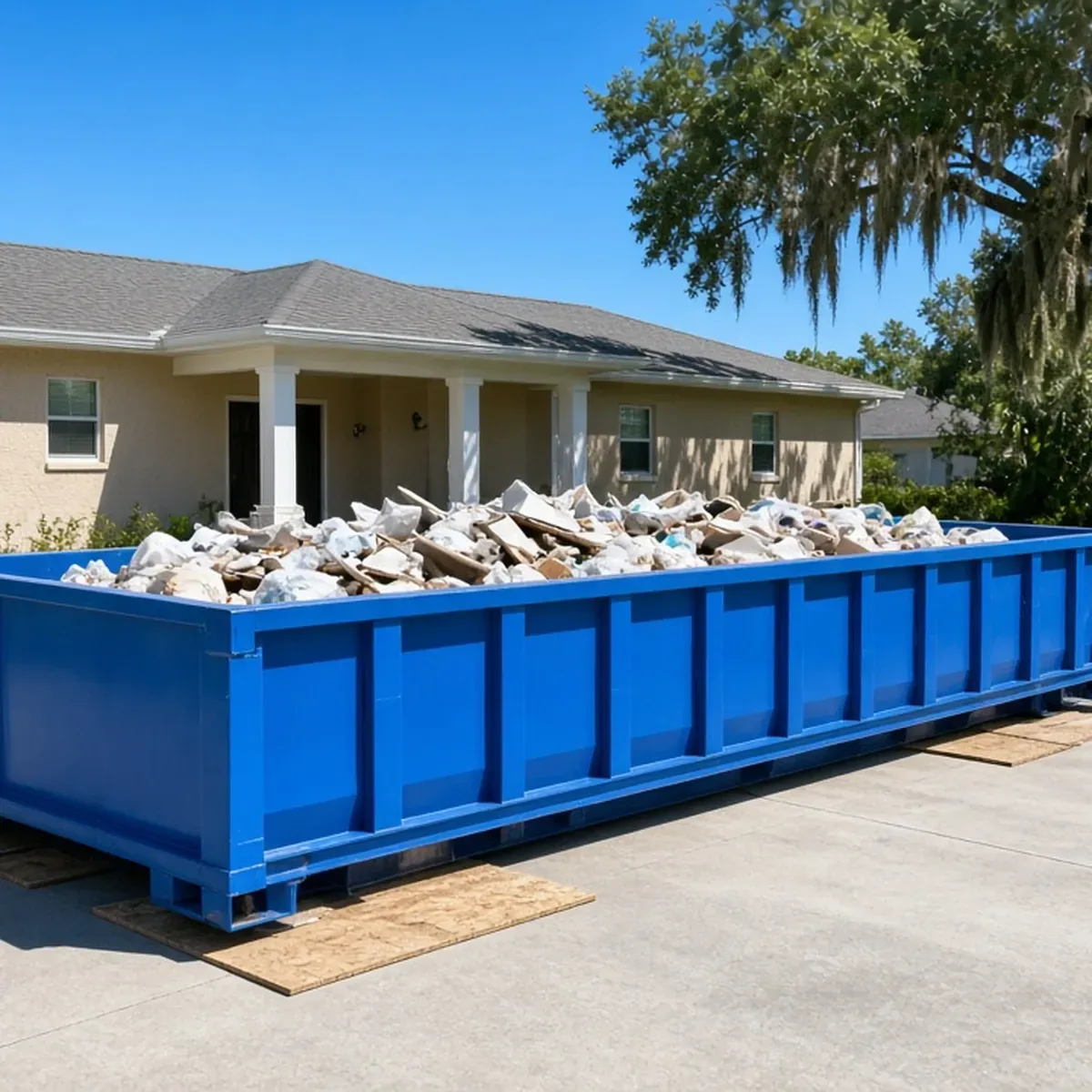 Blue roll-off dumpster on plywood sheets in a driveway, full of debris, in front of a single-story house