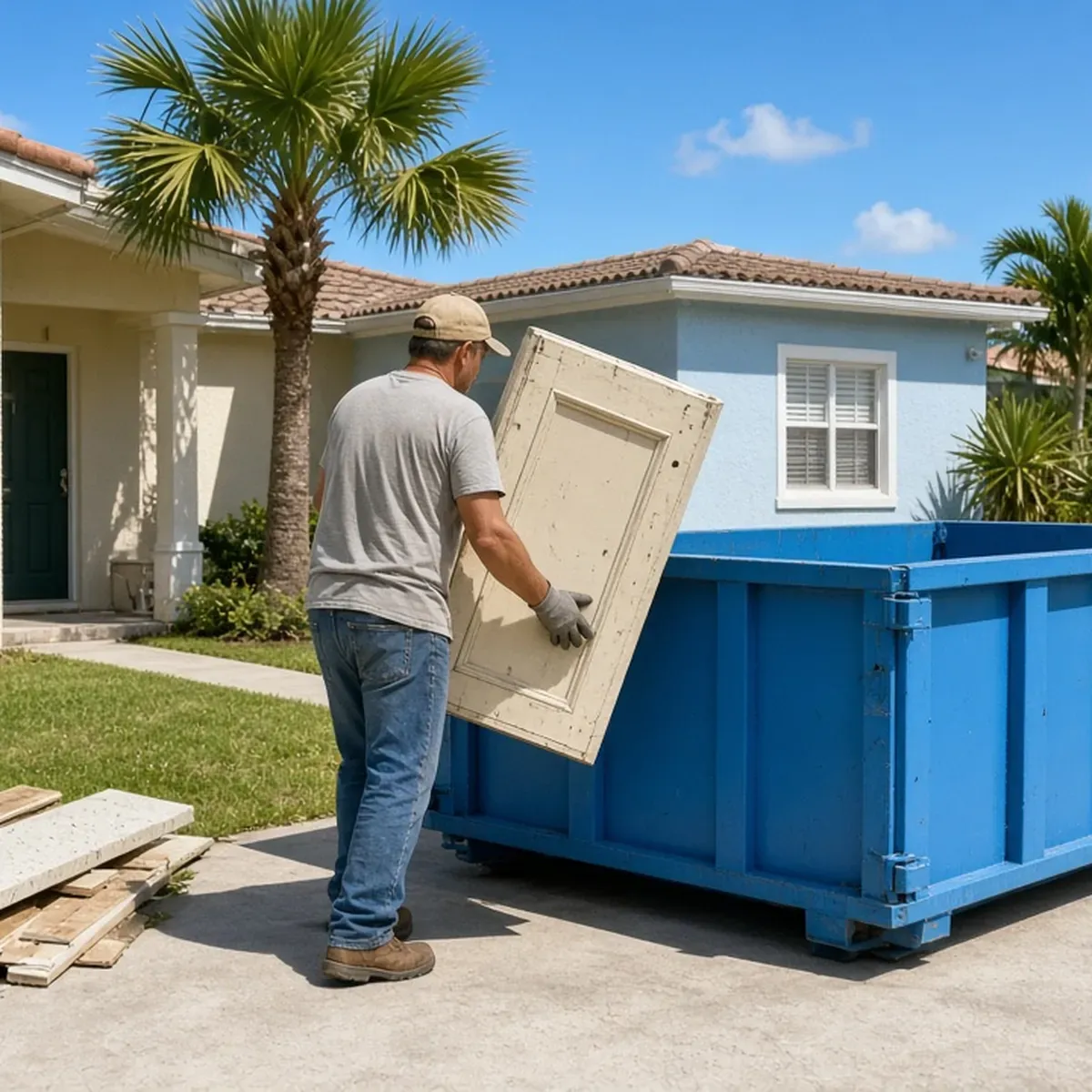 Man in work gloves carrying a cabinet door toward a blue dumpster beside a house with a palm tree