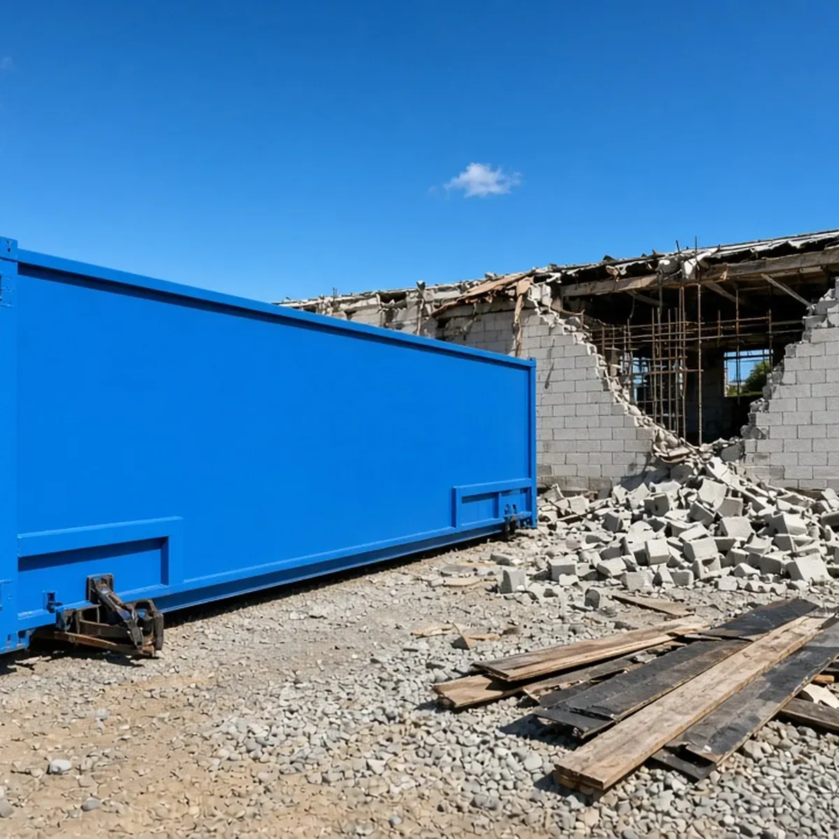 Tall blue dumpster beside a partly demolished block building with rubble and lumber on gravel