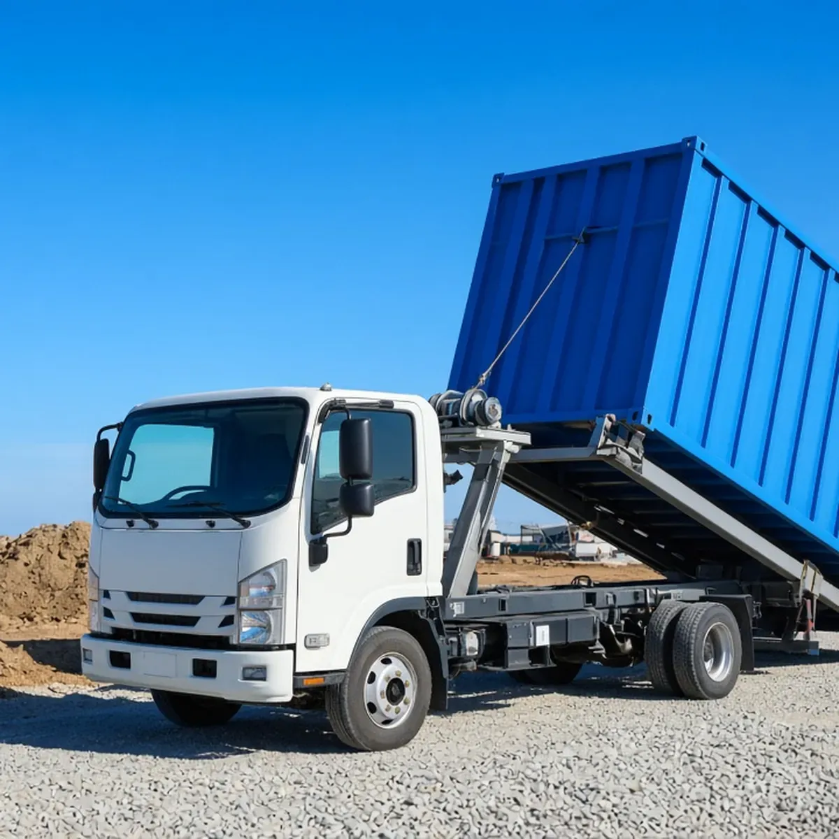 White roll-off truck tilting a large blue container at a construction site