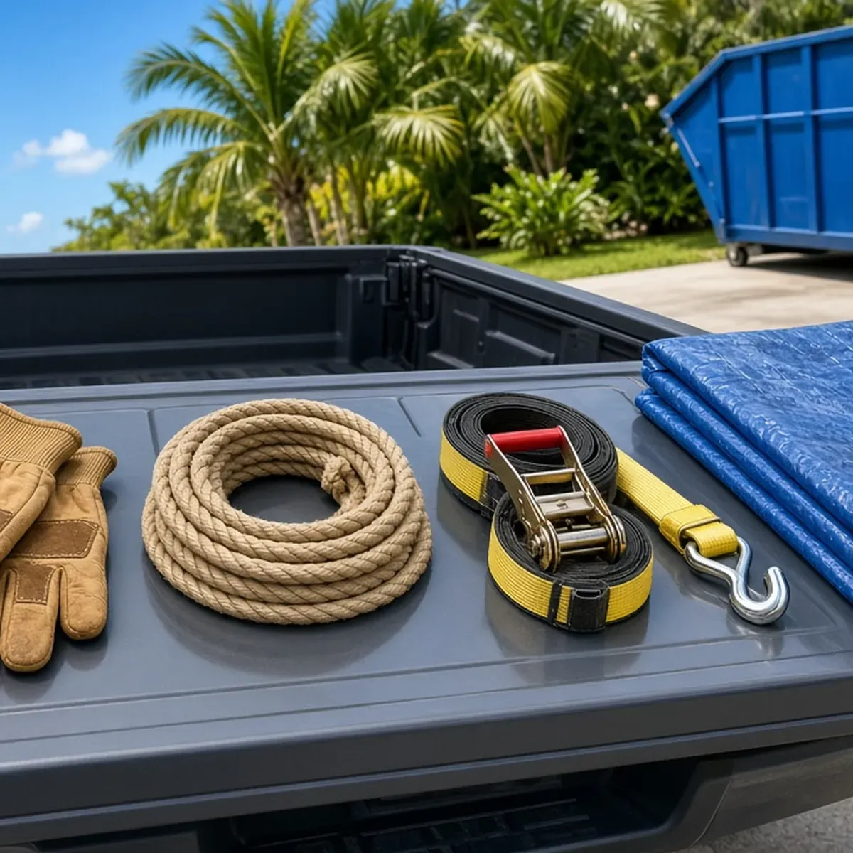 Work gloves, coiled rope, a ratchet strap and a folded tarp in a truck bed with a dumpster behind