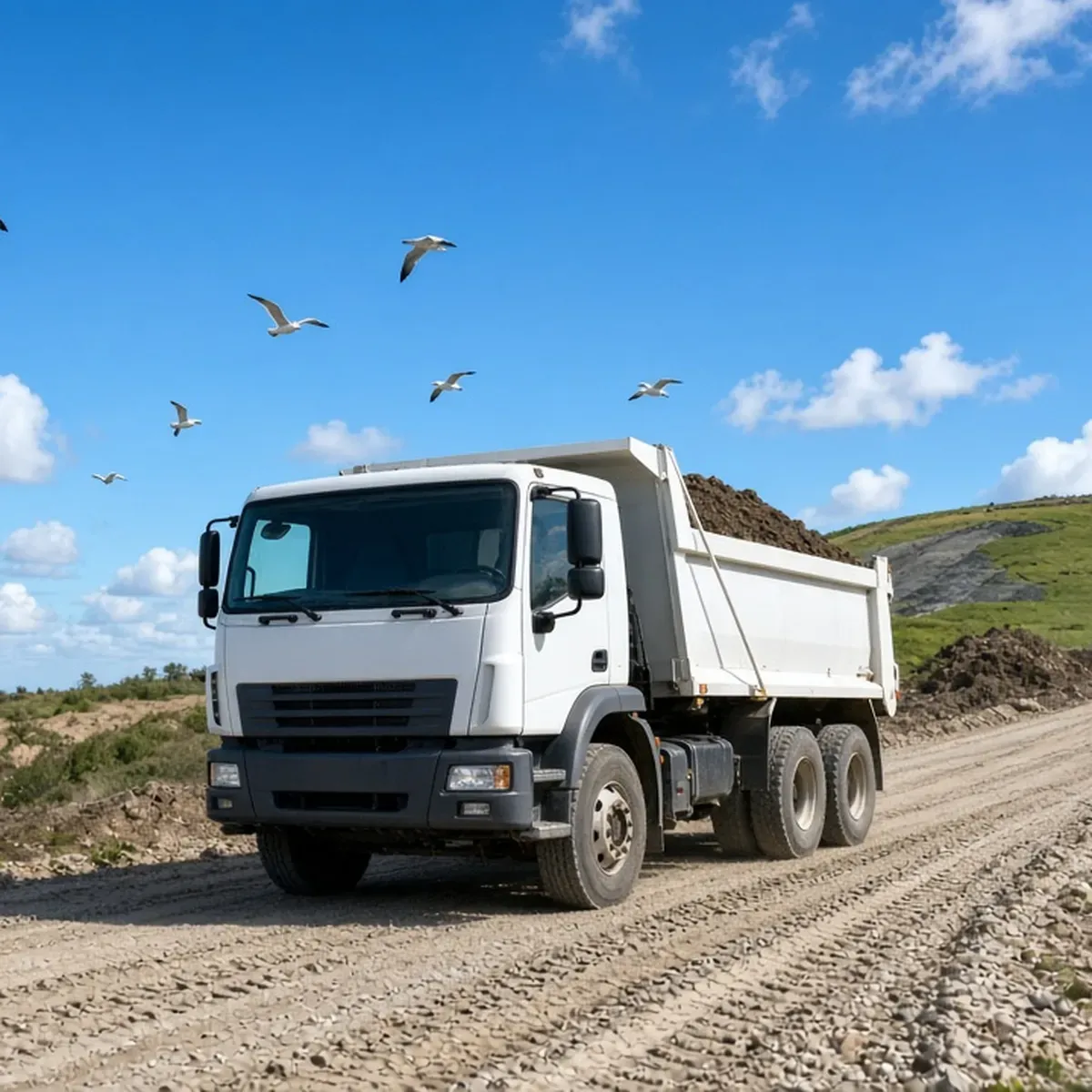 White dump truck loaded with dirt on a dirt road at a landfill with birds overhead