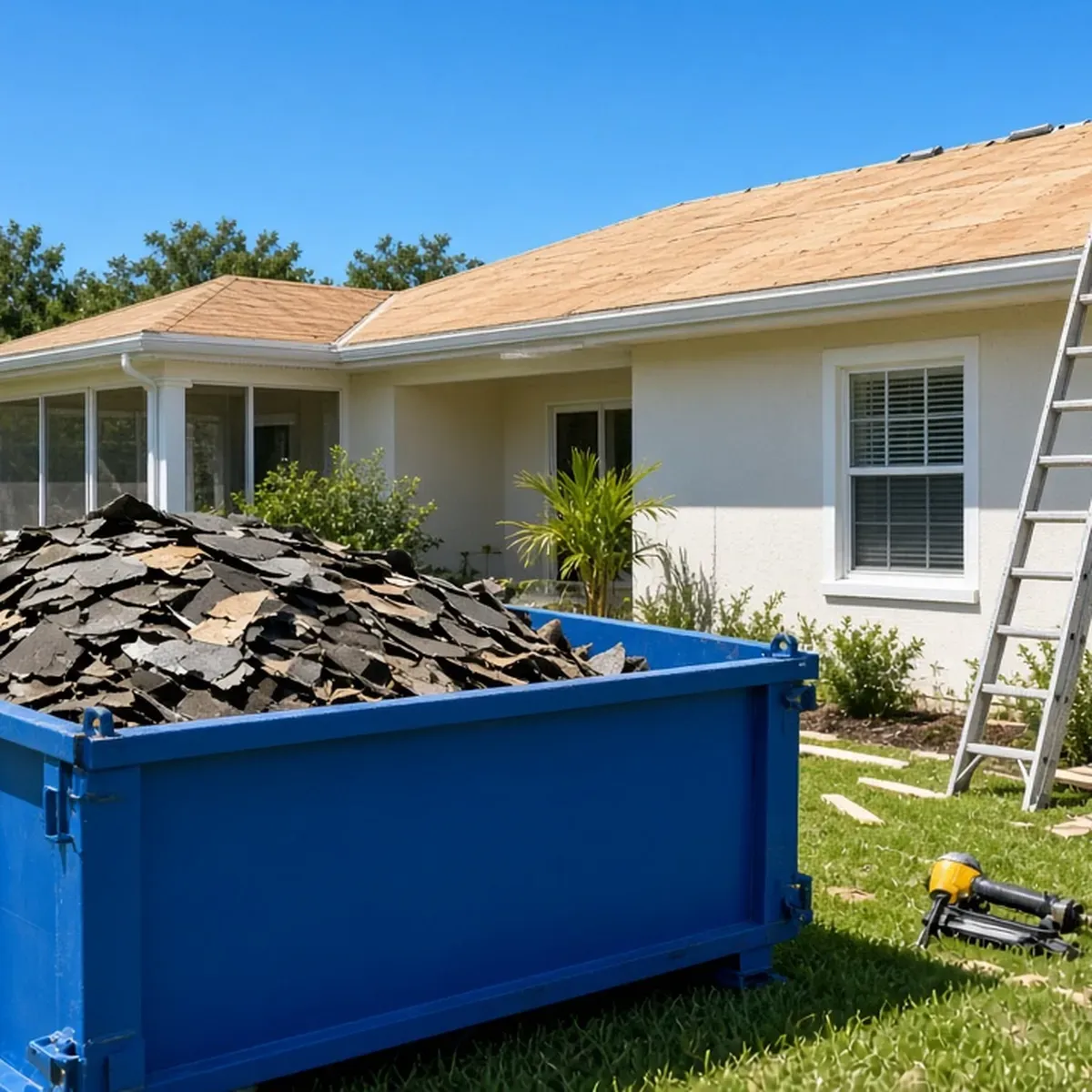 Blue dumpster on a lawn full of old shingles beside a house with a bare roof deck and a ladder