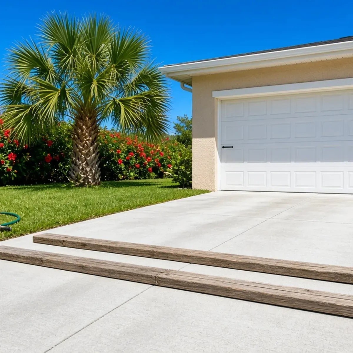 Empty concrete driveway with two wooden boards laid in front of a garage door