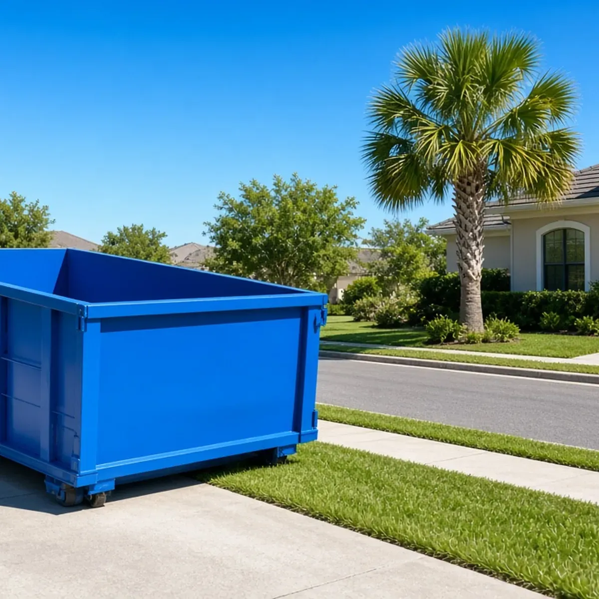 Blue dumpster at the edge of a driveway beside a grass strip and a neighborhood street