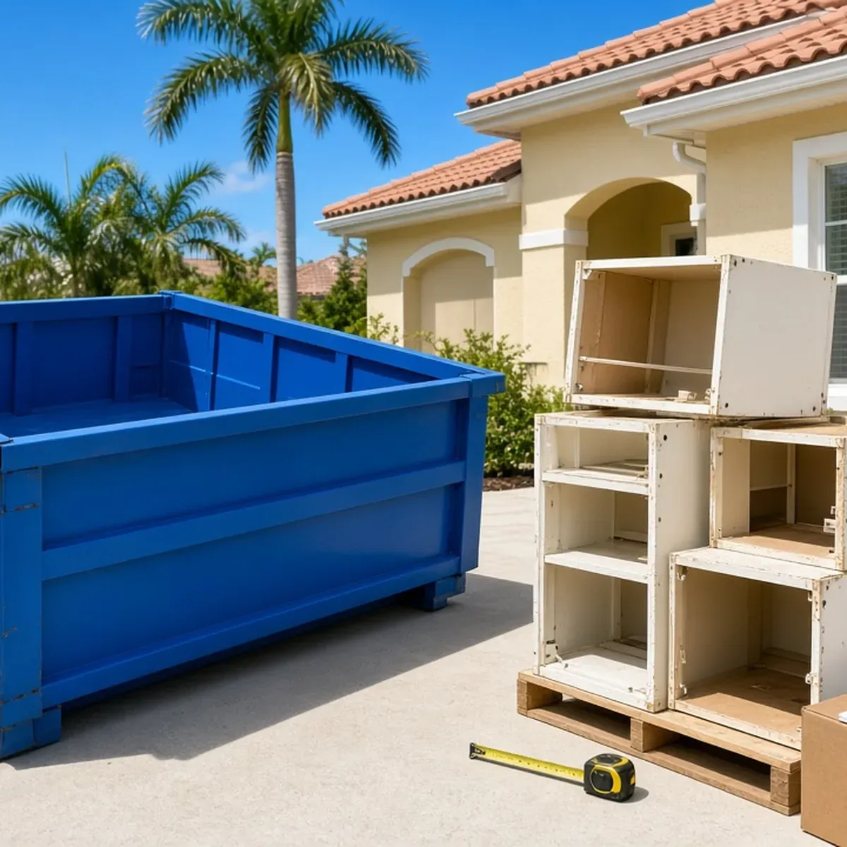 Blue dumpster on a driveway beside old kitchen cabinets on a pallet with a tape measure