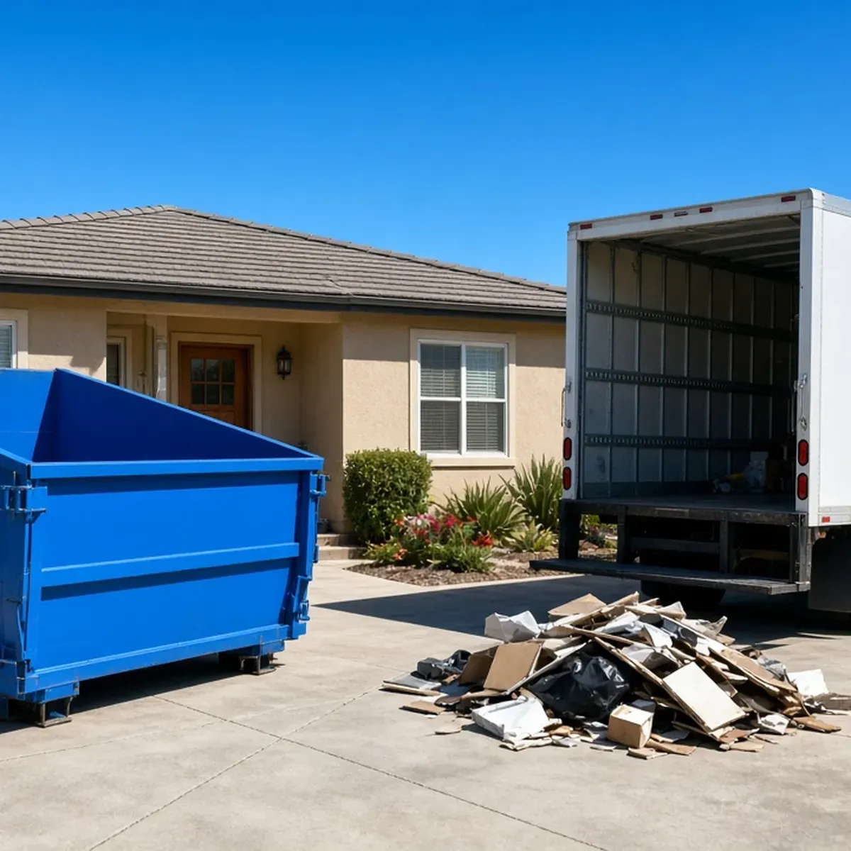 Blue dumpster on a driveway beside an open box truck and a pile of cardboard and junk