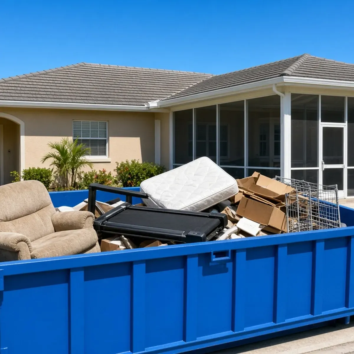 Blue dumpster full of an armchair, mattress, boxes and a wire rack beside a house with a screened porch