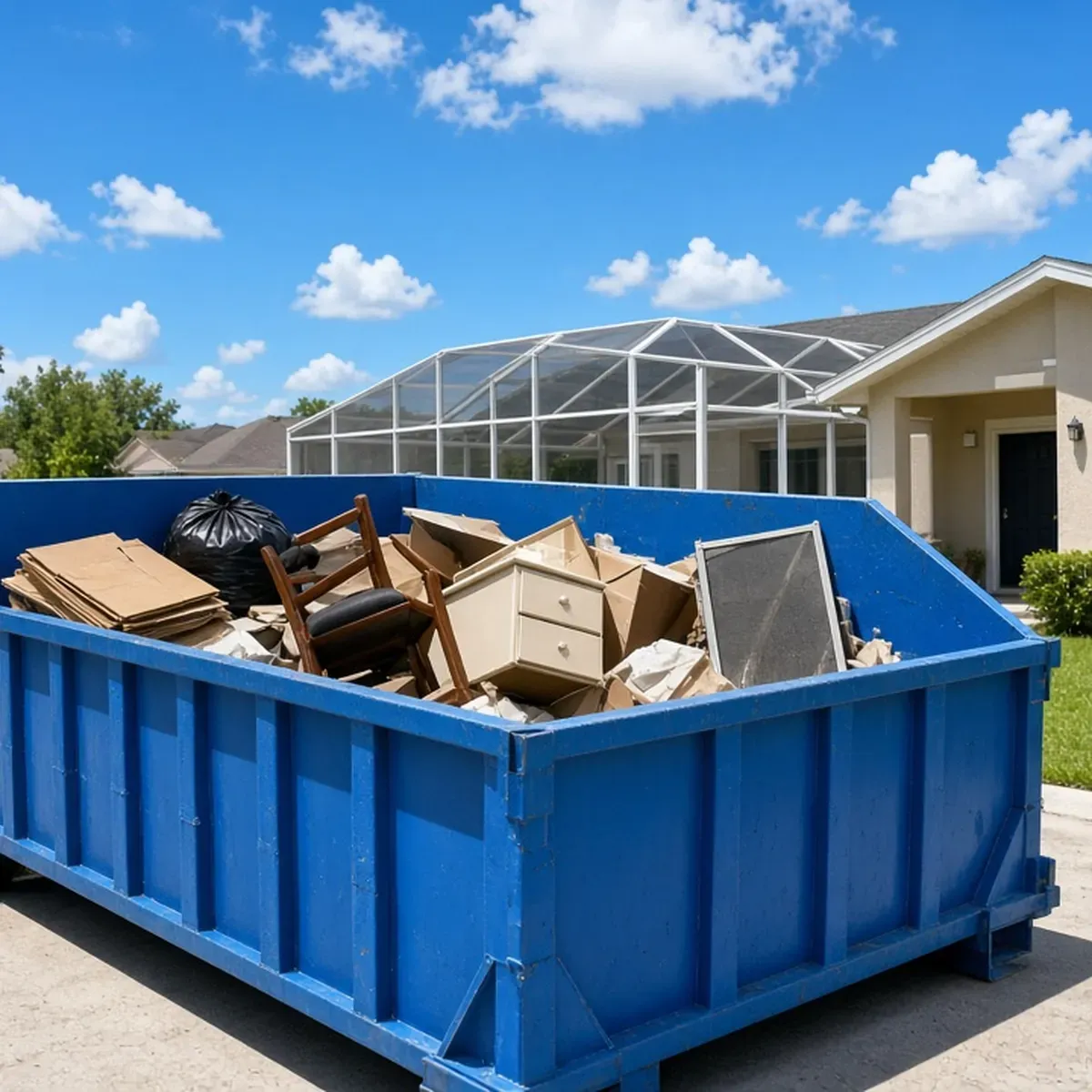 Blue dumpster in a driveway filled with cardboard, a chair and a dresser beside a house with a pool cage