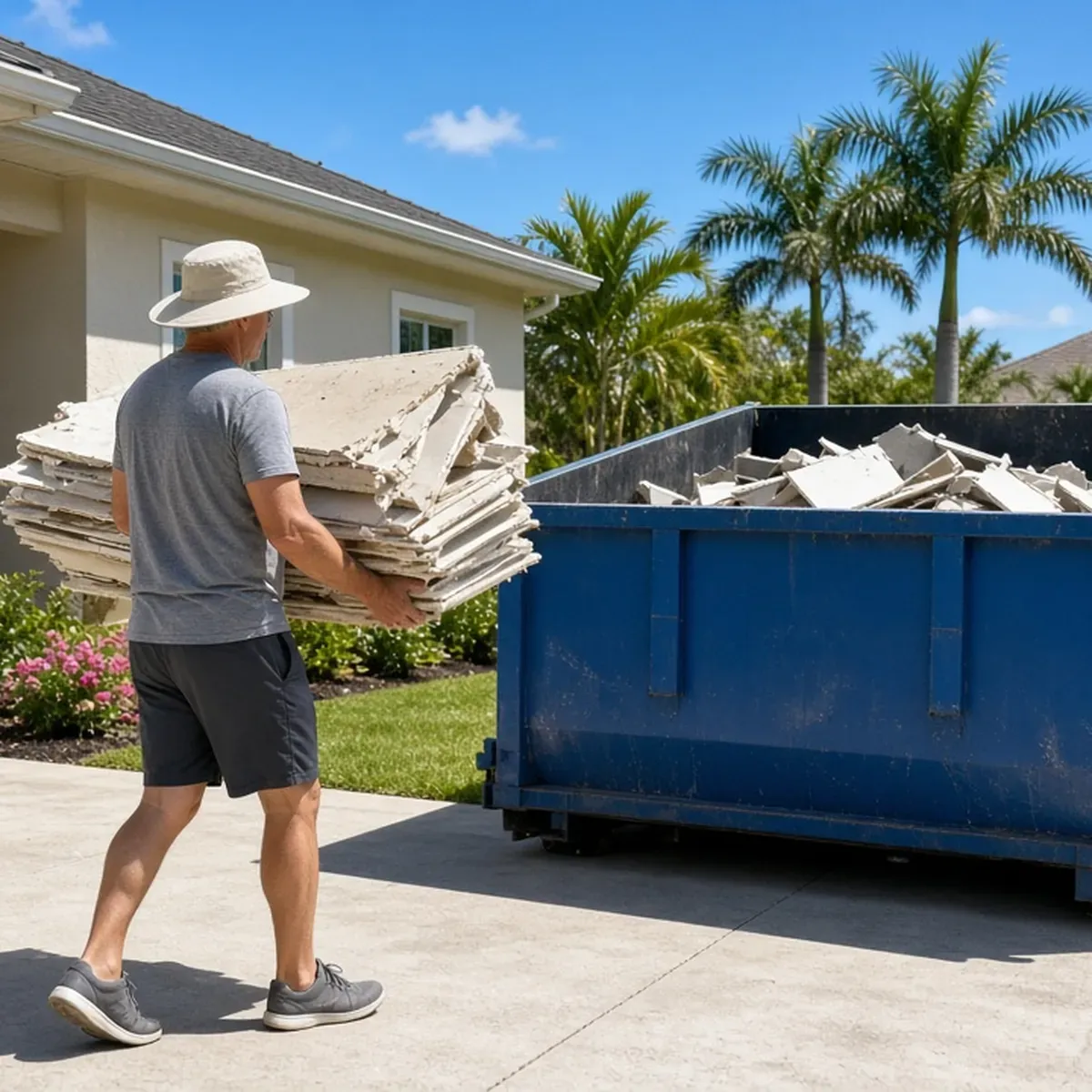 Man in a sun hat carrying a stack of drywall toward a blue dumpster in a driveway