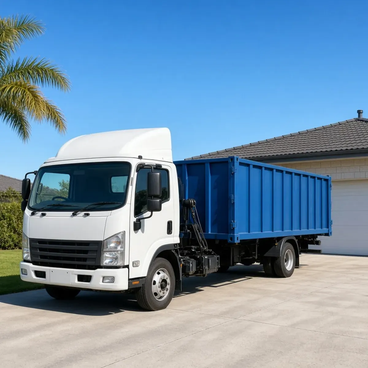 White roll-off truck carrying a blue container on a residential driveway