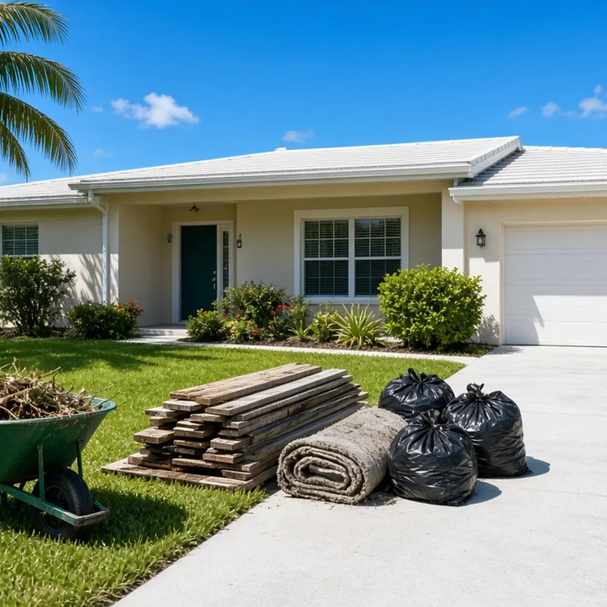 Lumber, a rolled carpet and black trash bags piled at a driveway edge beside a wheelbarrow