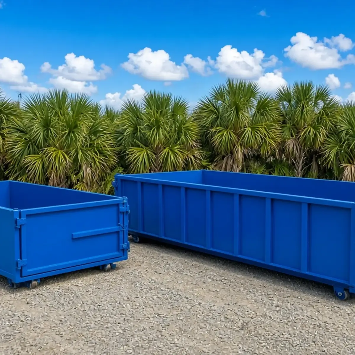 Two blue roll-off dumpsters of different lengths side by side on a gravel lot with palm trees behind