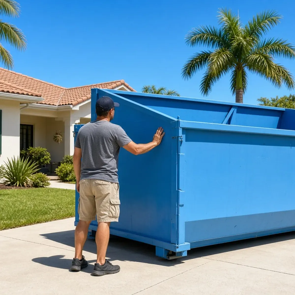 Man standing beside a tall blue roll-off dumpster in a driveway with a hand on its side