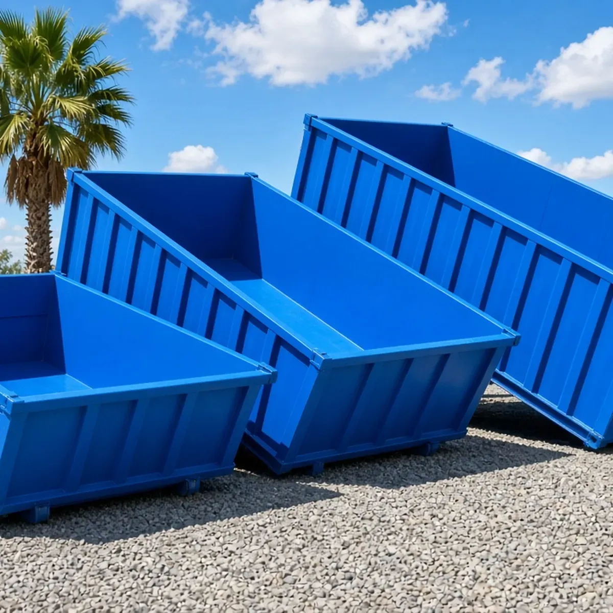 Three blue dumpsters of different sizes tilted on gravel with a palm tree behind