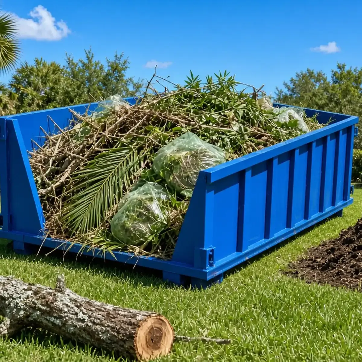 Blue dumpster on a lawn filled with palm fronds, branches and bagged clippings, with a log in the foreground
